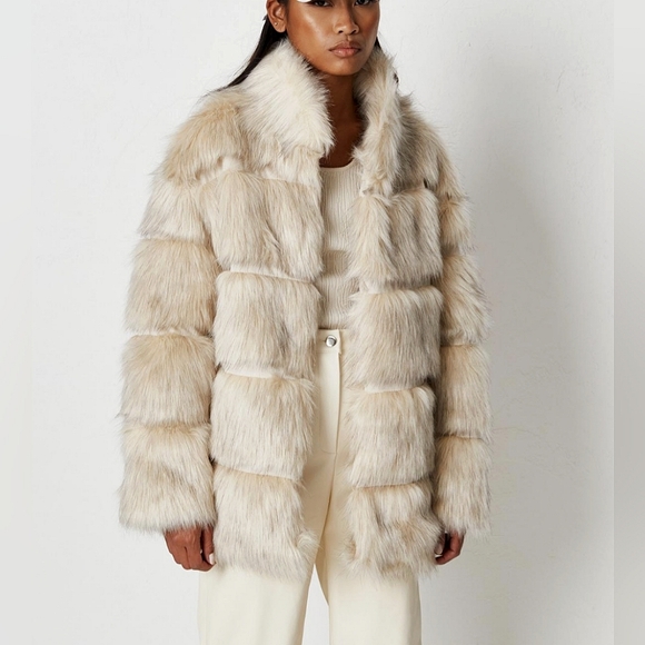 Missguided Jackets & Blazers - Misguided Cream Pelted Tiered Faux Fur High Collar Jacket, size 4/M